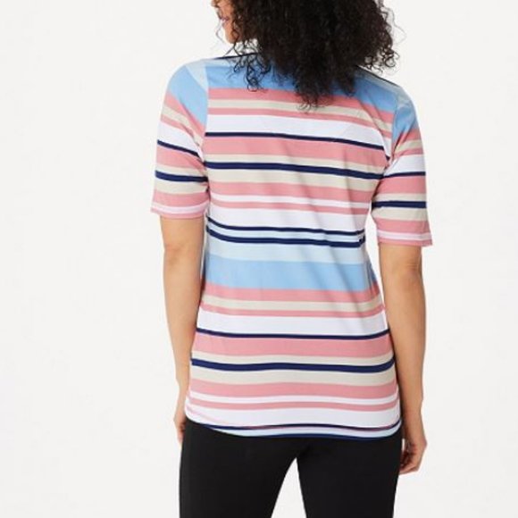 Denim & Co Jersey Stripe Print Rounded V-Neck Top - Picture 2 of 2